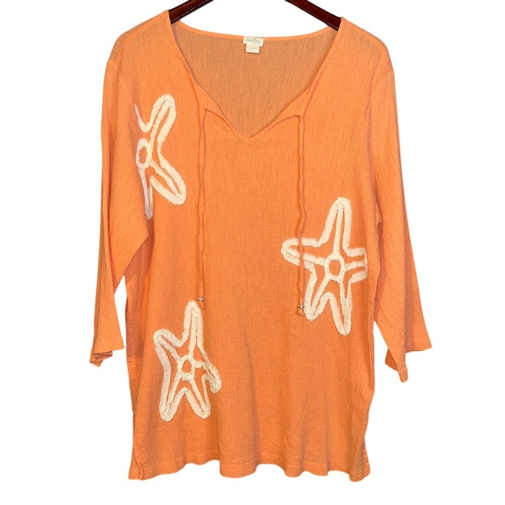 Sun Bay Starfish Gauze Tunic Top Womens 2x Coastal Beach Boho Pink Embroidered